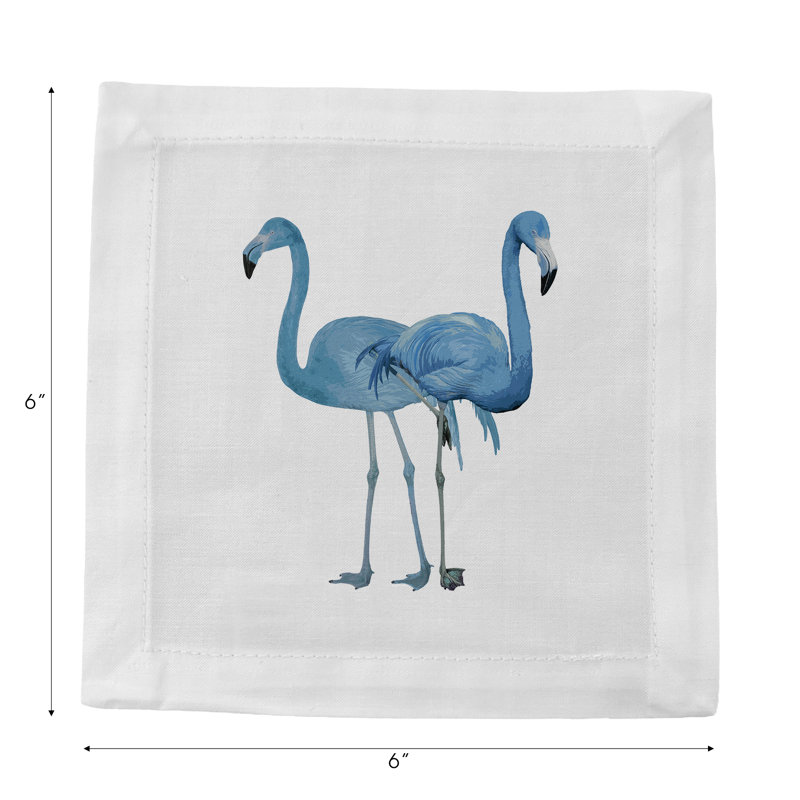 Flamigos in the Mirror Beverly Granada Hemstitch Cocktail 6" Linen/Cotton Blend Napkin, White/Blue