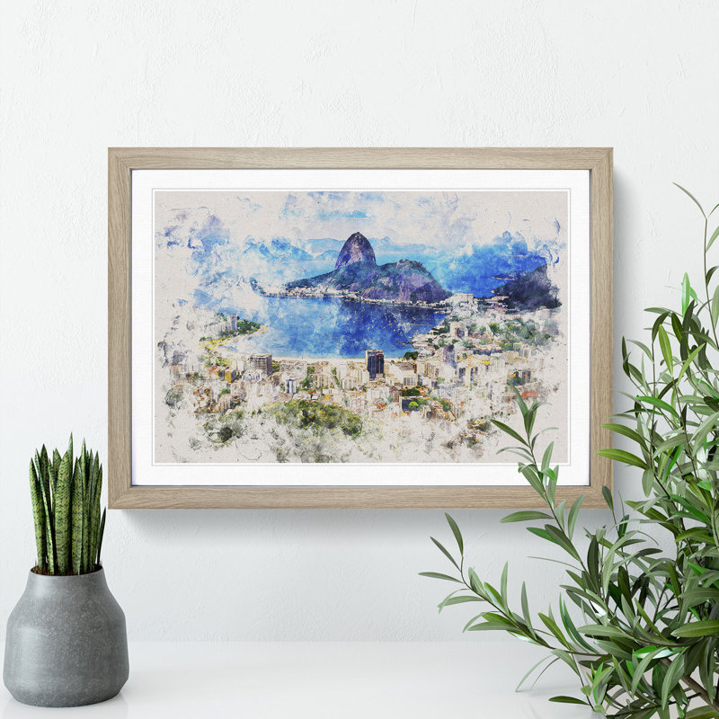 Rio De Janeiro Skyline in Brazil Watercolour - Picture Frame Graphic Art, Oak Framed, 48cm H x 65cm W x 2cm D