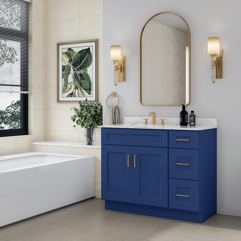Meuble-lavabo de salle de bain en bois massif prêt à assembler de 42 po seulement - comptoir non inclus, Shaker bleu