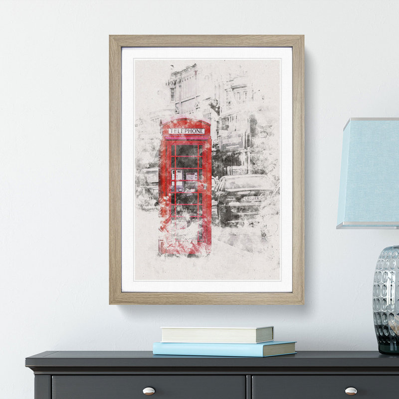 A Red Telephone Box - Framed Print, 63cm H x 45cm W x 2cm D, Oak Framed