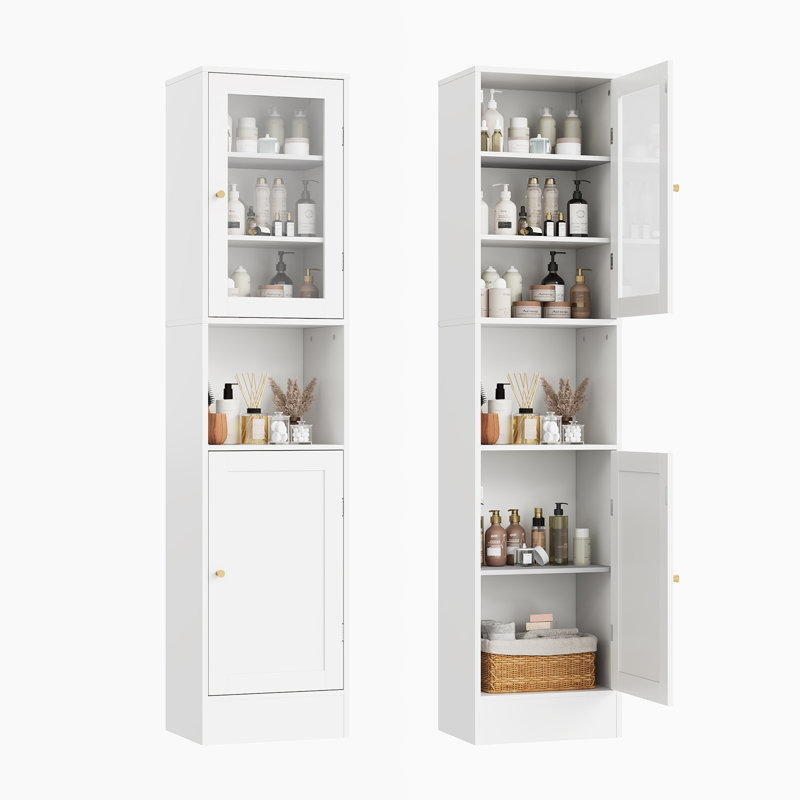 Armoire de rangement de salle de bain étroite de 170 cm de haut avec portes vitrées – Étagères réglables, fermeture magnétique – Organisateur de linge autoportant – Gain de place pour salle de bain et cuisine – Blanc