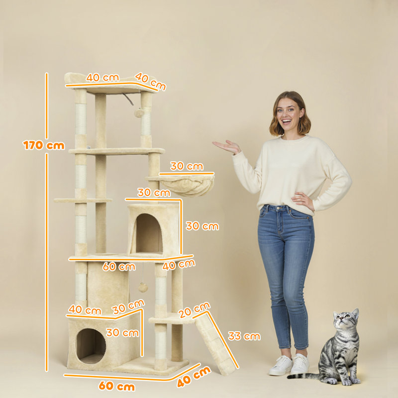 Arbre à chat, grande tour à chat 67 po avec 7 poteaux à griffer, beige, Beige