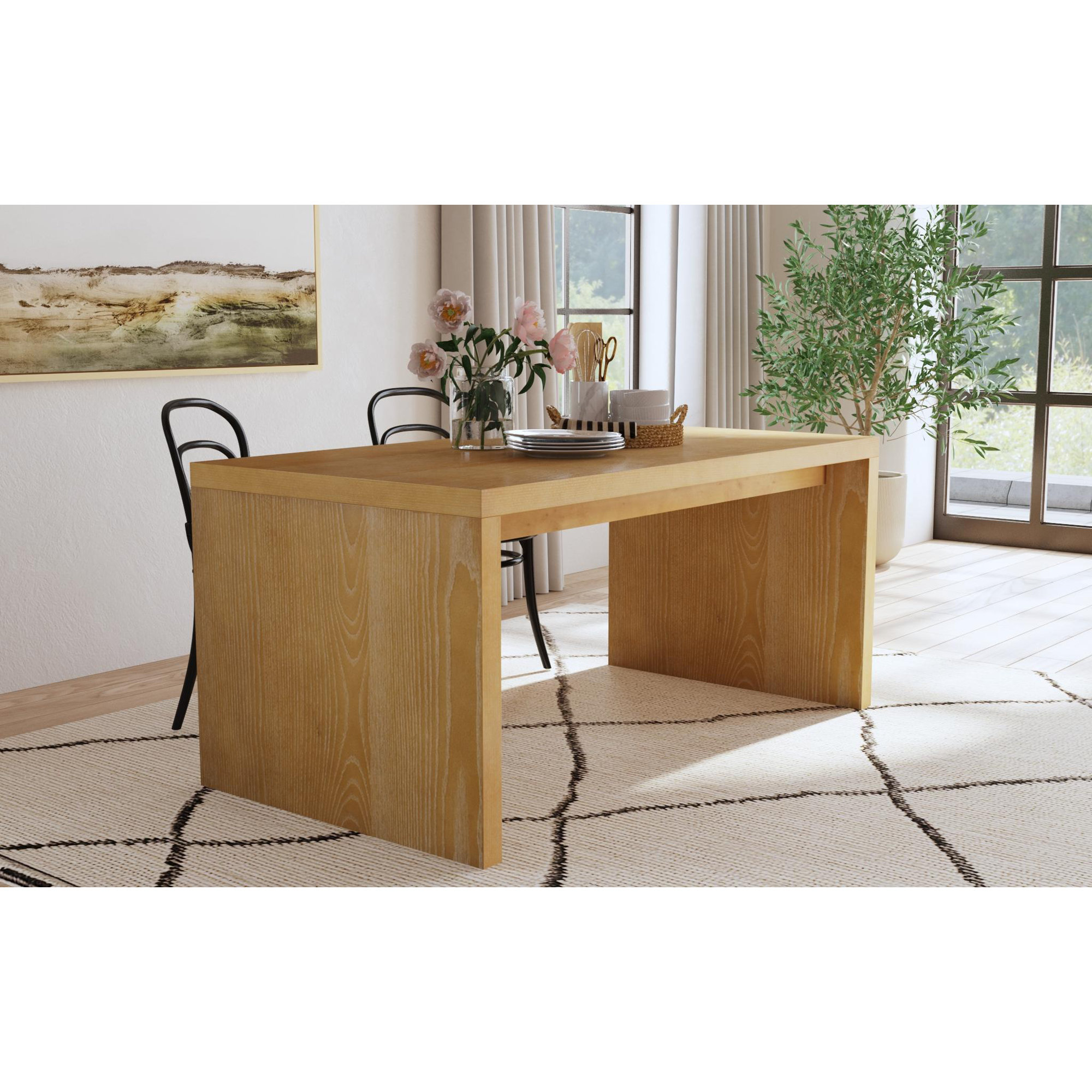 Gabler 64'' Ash Wood Waterfall Dining Table, Natural Brown