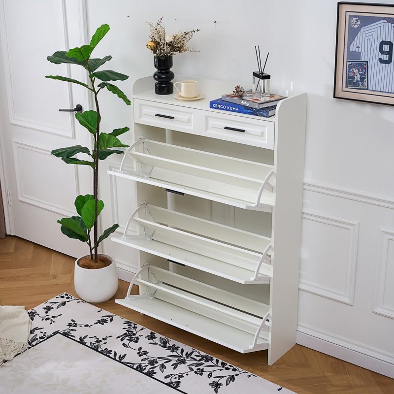 Spacious Two-Drawer Three-Fold Door Shoe Cabinet With Large Storage, Living Room Cabinet, White