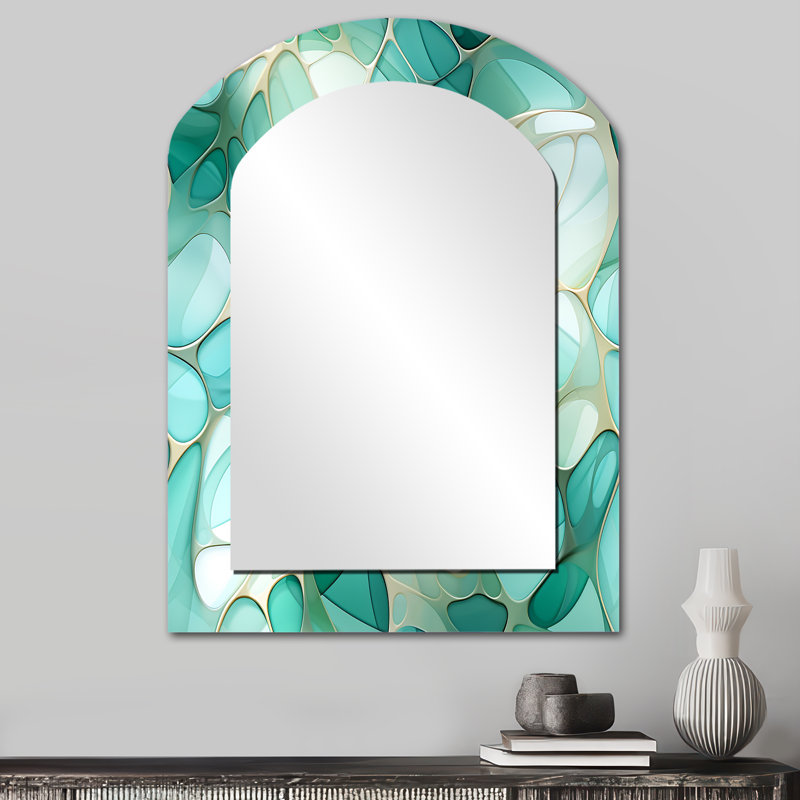 Quaeshia, verre de mer, mosaïque, motif côtier émeraude - miroir mural abstrait en arc, miroir décoratif asymétrique moderne, impression d'art en métal