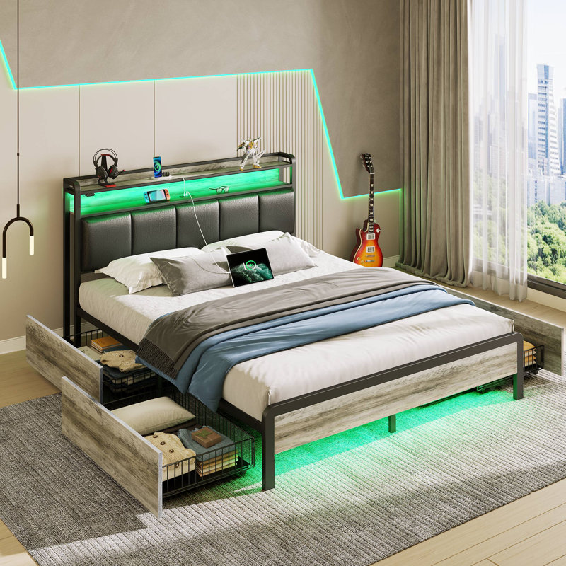 Bed with Headboard and Power Outlets, Upholstered bed with 4 Drawers and RGB LED Lights, Black, Queen