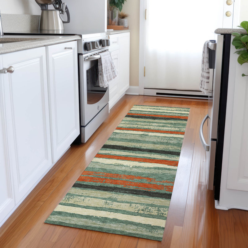 Sage and White Striped Synthetic Washable Runner Rug 2'3" x 7'6"