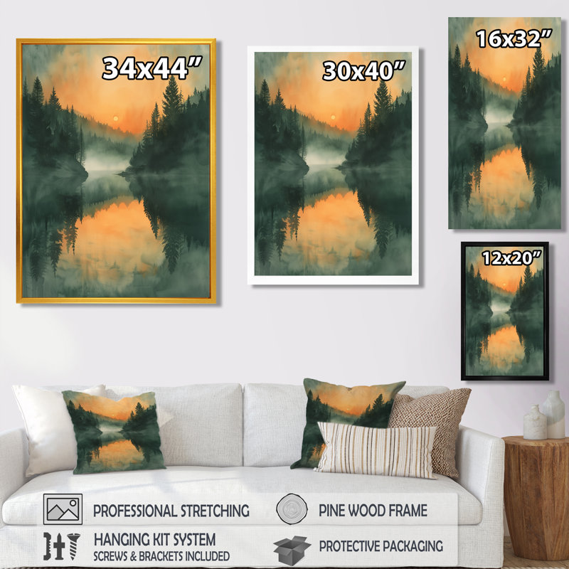 Décoration murale orange, forêt verte, lac au coucher du soleil, Cadre photo noir, H 40 po x l 30 po