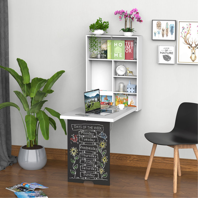 Wall Mounted Foldable Desk With A Blackboard, Fold Out Convertible Floating Desk With Shelves, White
