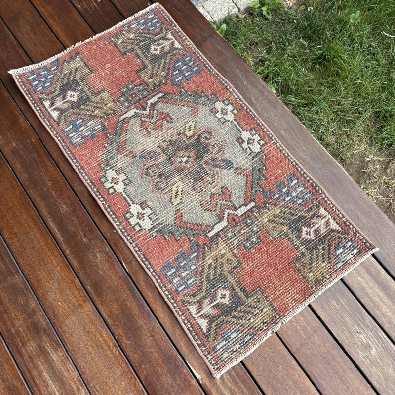 Tapis turc rétro avec frange orange fait à la main pour le vestibule - petit tapis Oushak antique