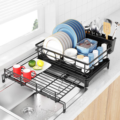 Extendable Dish Rack with Cutlery Holder,Dish Drying Rack, Anti-Rust Black Dish Racks for Kitchen Counter