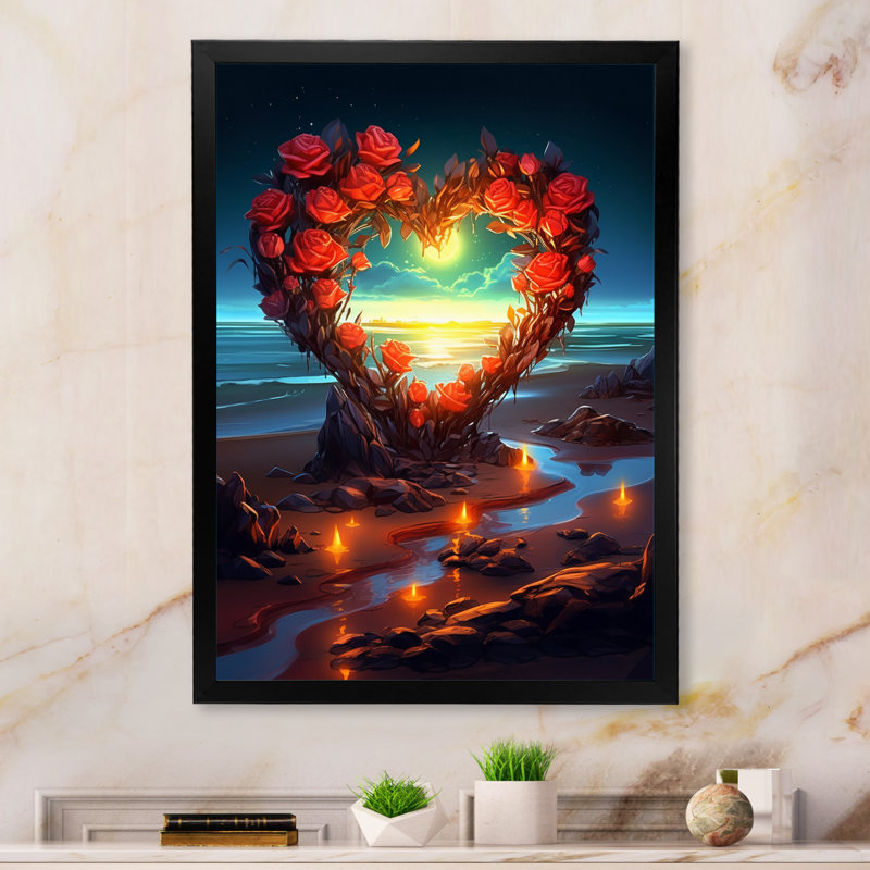 «Vibrant Red Roses Hart on Sunset Beach», reproduction, H 32 po x l 24 po x P 1 po, Cadre simple noir