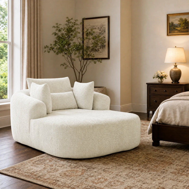 Indoor Chaise Lounge, Oversized Chaise Lounge Chair, Upholstered Lounge Chair for Living Room & Bed, Beige