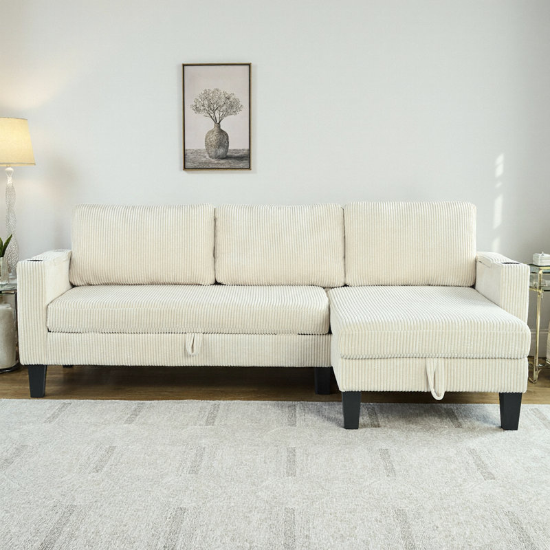 Reversible Sleeper Sectional with Storage Chaise, USB Ports & Cup Holders, Modern Corduroy L-Shaped Sofa Bed for Living Room & Apartment