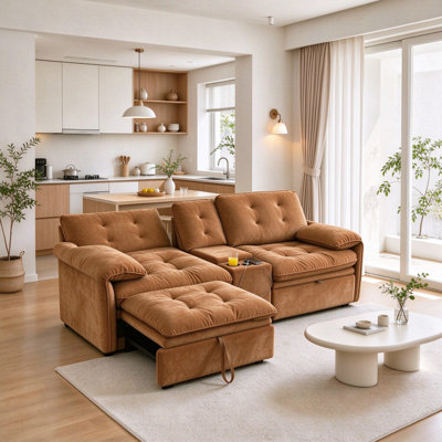 83.86" Cloud Modular Sectional Sofa, Oversized Upholstered Couch with Center Console, Cup Holders & Pull-out Ottoman, Deep Seat Fluffy Fabric Sofa for Living Room
