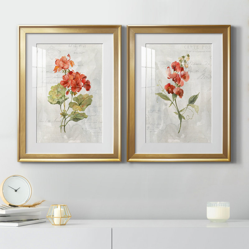 " Linen Geranium " 2 - Pieces, Gold Framed Paper, White, 30.5" H x 85" W x 1.5" D