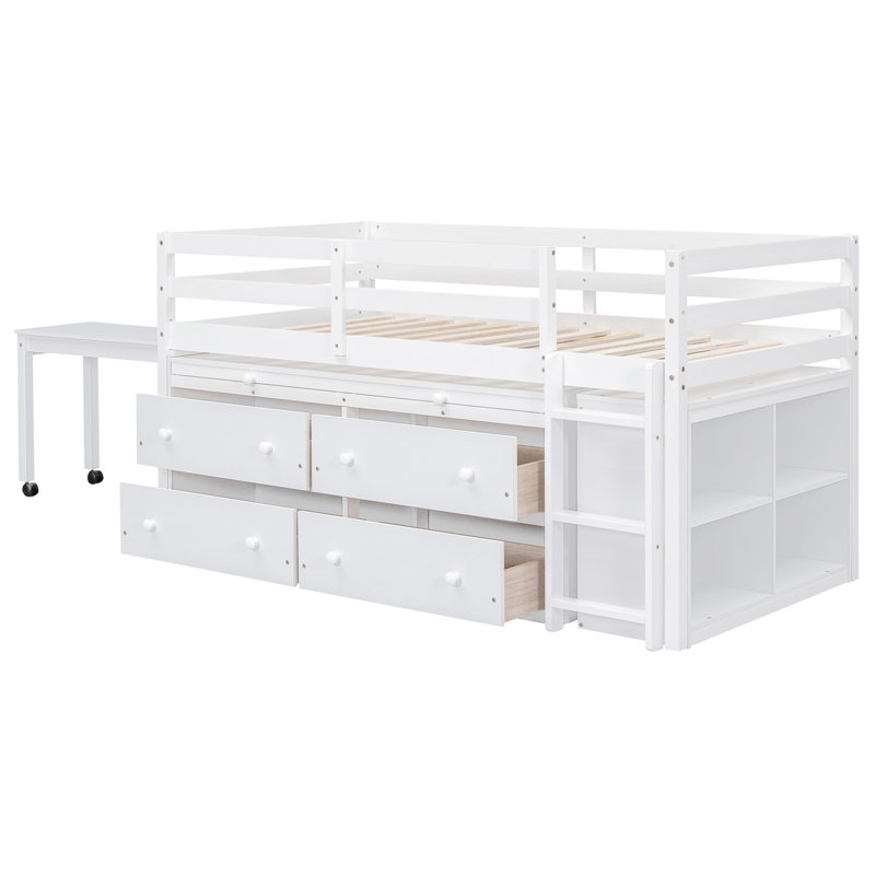 Lit mezzanine simple blanc avec bureau latéral et 4 tiroirs, bureau à tiroirs, blanc, Lit simple, Blanc
