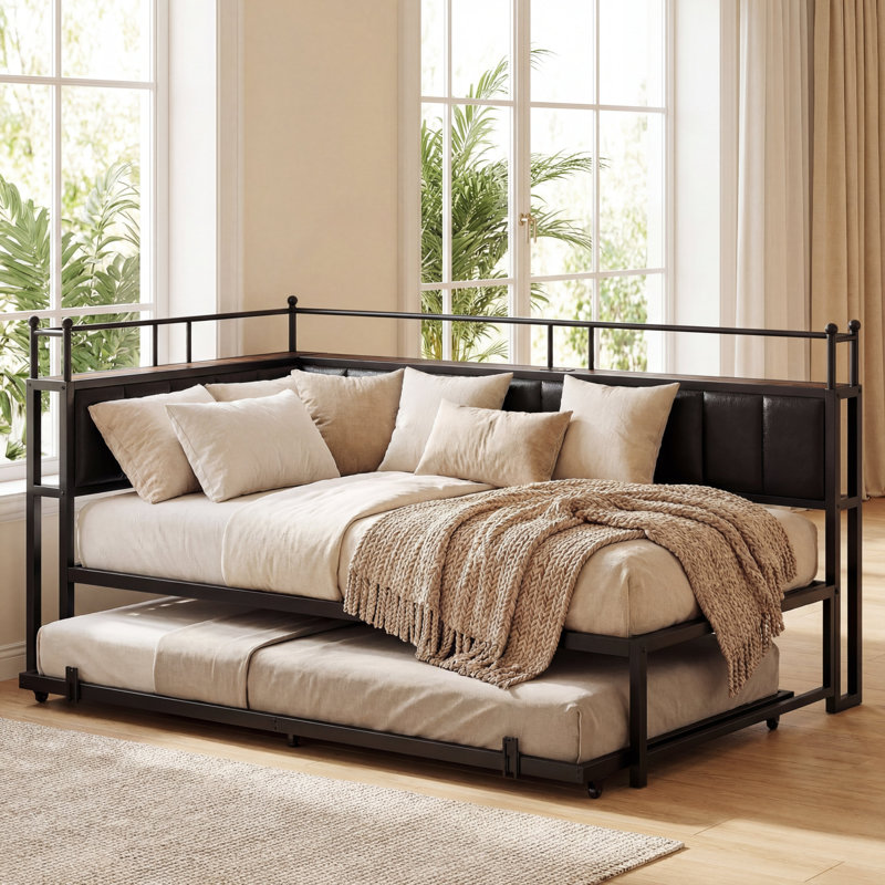 Lit de jour simple d'angle avec couchette, canapé-lit pour chambre d'amis, noir