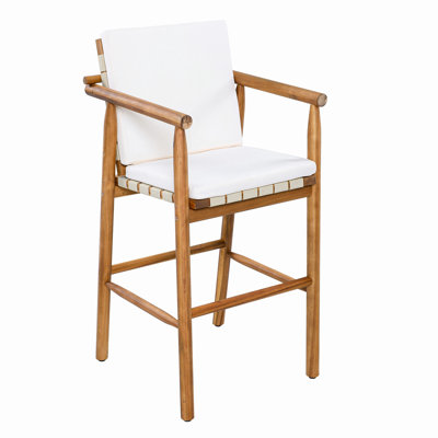 Outdoor Counter Height Bar Stools Chair Set of 2, Modern Patio Acacia Wooden Stools with Backrest Arm and Webbing Seat, for Patio, Pool, Garden, Cushions Included