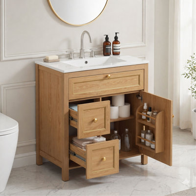 Meuble-lavabo de 30 po avec lavabo, meuble-lavabo autoportant en bois avec tiroir rabattable, 2 tiroirs à fermeture en douceur et 1 porte à fermeture en douceur, fabrication en bois massif et en panneau de fibres à densité moyenne, poignées décoratives dorées élégantes