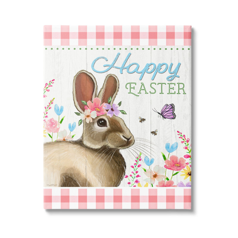 Joyeuses Pâques, lapin vichy floral par Elizabeth Tyndall, impression sur toile tendue, H 40 po x l 30 po x P 1,5 po