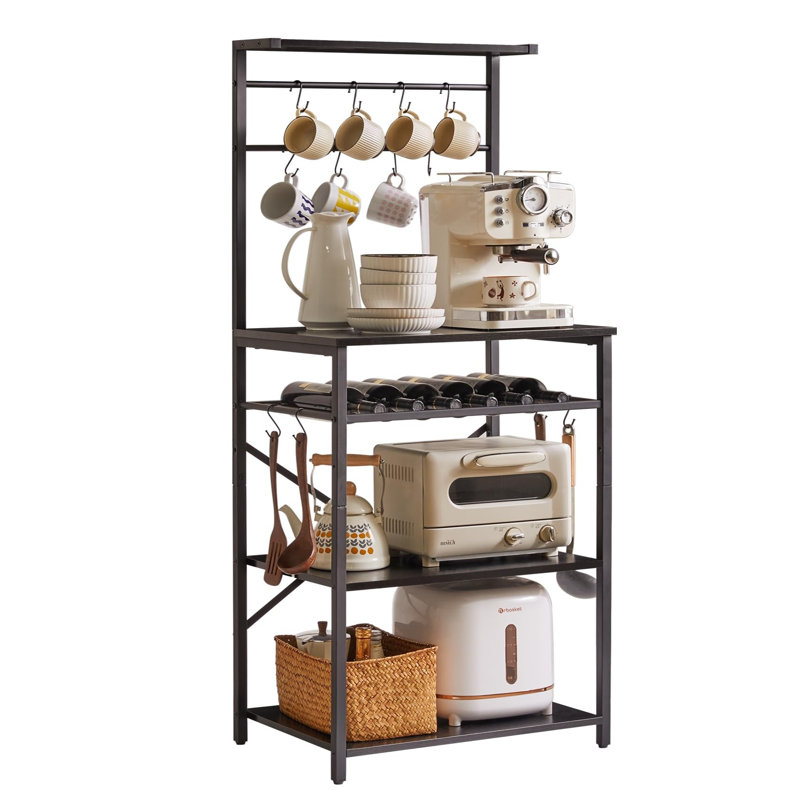 Kitchen Baker's Rack, Microwave Oven Stand with Storage Shelves, Industrial Coffee Bar Station, with Adjustable Wine Holders and S-Hooks