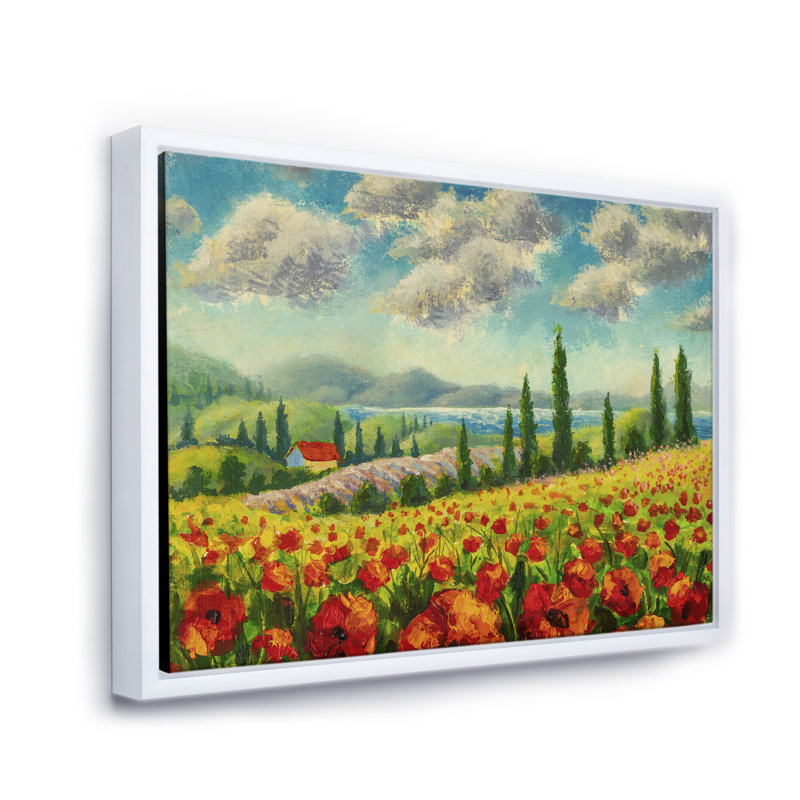 «Beautiful Landscape With Poppies Flowers In Italy», reproduction sur toile, H 24 po x l 32 po x P 1 po, Cadre flottant blanc