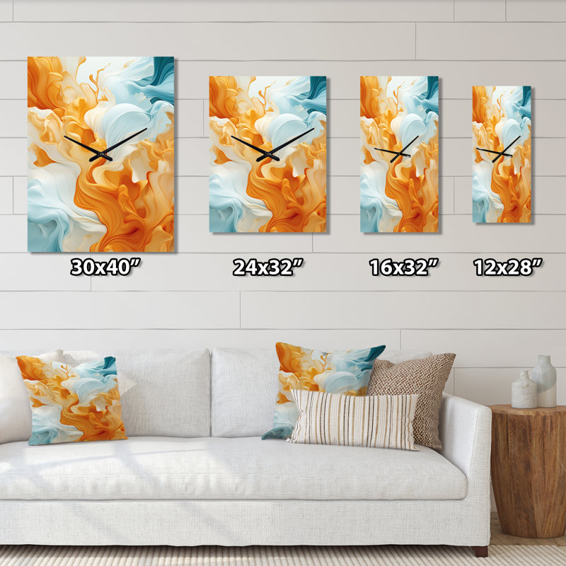 Horloge murale orange vif et turquoise liquide - formes abstraites, Moyen