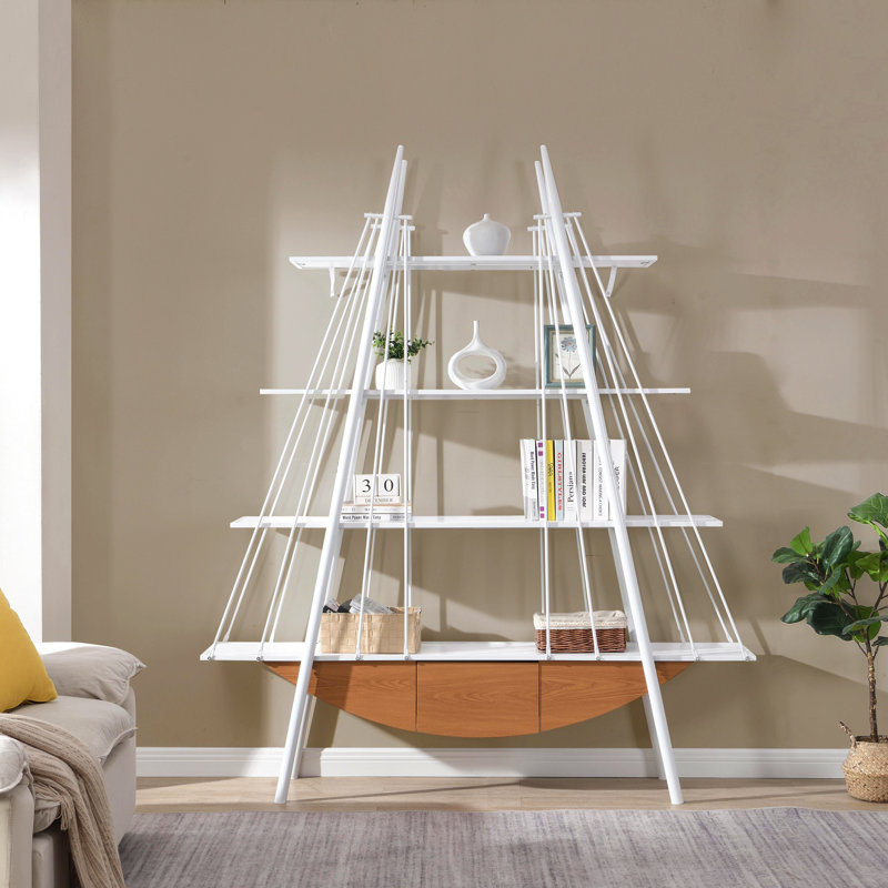 Sailboat-Inspired Bookshelf, 70.87 inch Industrial 4-Tier Open Storage Shelf with Drawer, Wooden & Metal Freestanding Bookcase, Sturdy Display Rack for Living Room, Office & Home Decoration.
