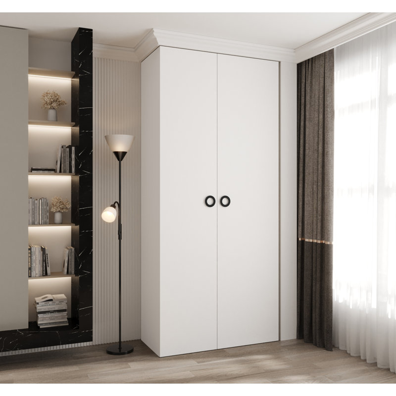 2 Door Manufactured Wood Wardrobe, White Matt/Black Hanlde, 245cm H x 110cm W x 40cm D