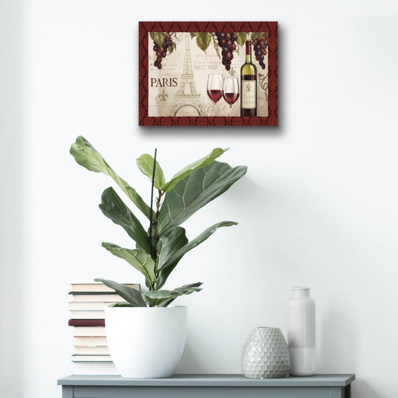 Art mural en verre épique «Wine In Paris 1 Damask Border» par Janelle Penner, H 12 po x l 16 po x P 0,13 po