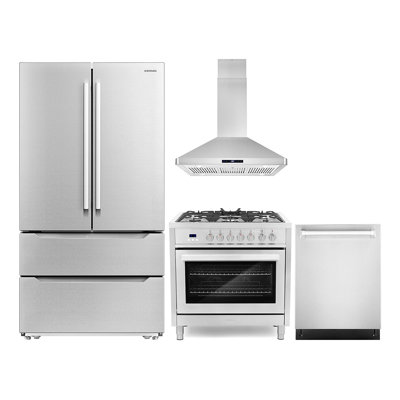 4 Piece Kitchen Set with 36"" Dual Fuel Range 36"" Island Range Hood 24"" Dishwasher &  Refrigerator -  Cosmo, COS-4PKG-226