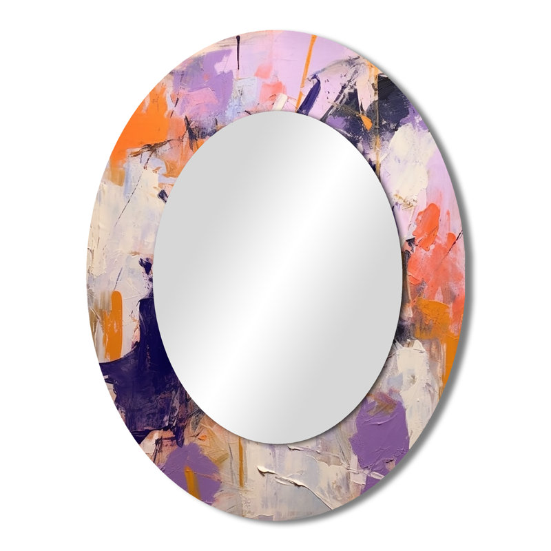 Poetic Expressionism In Purple And Orange I - Abstract Oval Decorative Mirror On Metal, 43" x 33"