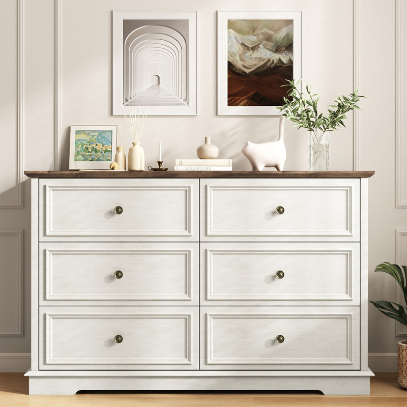 Commode double 6 tiroirs l 47,2 po Valera, Blanc/noyer