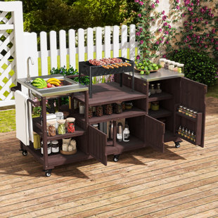 75.6" Rolling Outdoor Kitchen Island with Sink, Grill Cart with Stainless Steel Top and Ample Storage