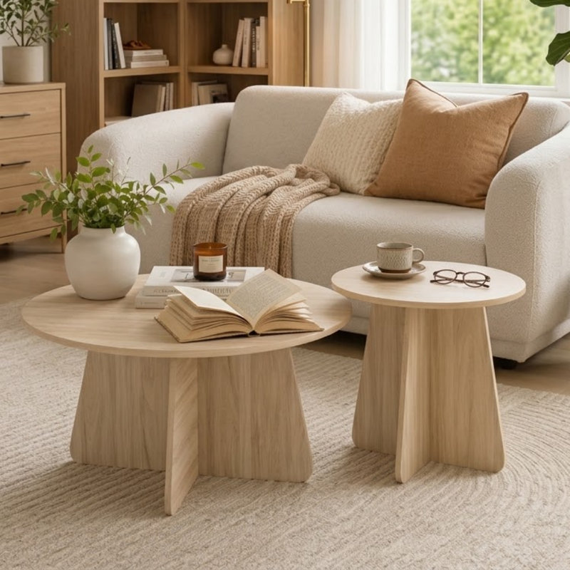 Ensemble de tables basses gigognes, tables basses rondes aspect bois avec pieds croisés, bois naturel