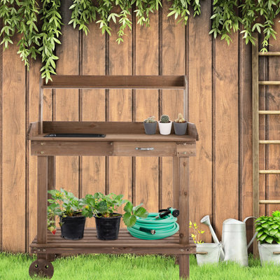 Banc de rempotage en bois brun de 36 po, 2 roulettes amovibles, évier, tiroir et rangement abondant pour les jardins - Établi de jardinage de table pour l'extérieur