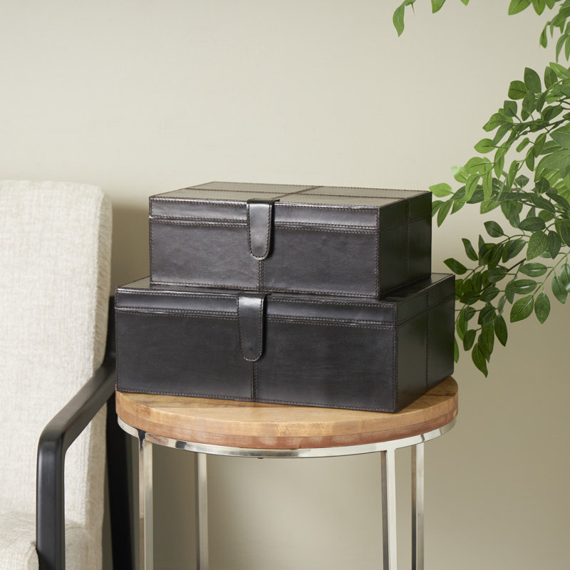 Brownsburg 2 Piece Handmade Faux Leather Decorative Box Set, Dark Brown, 6.05" H x 12.15" W x 17.05" L