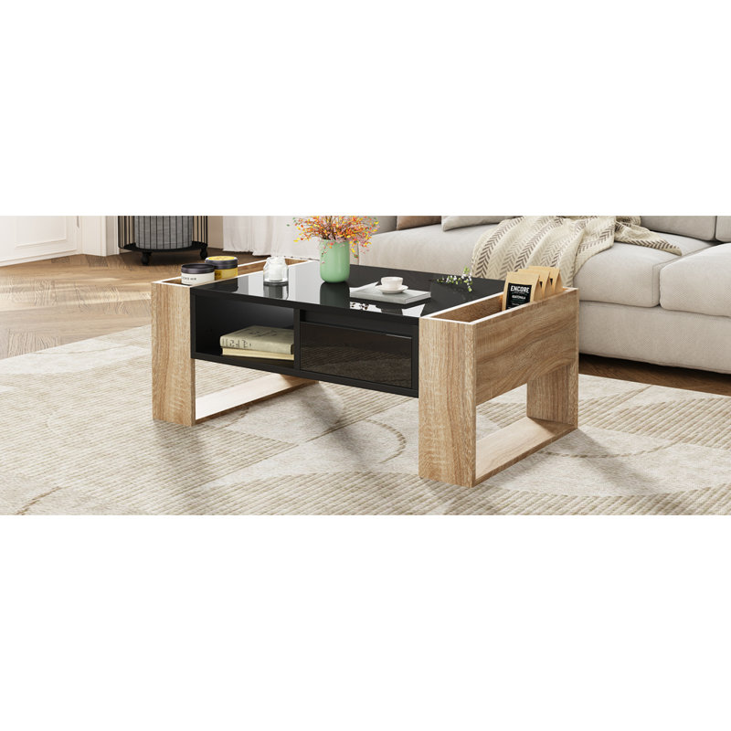 Table basse très brillante avec 2 tiroirs ON-TREND, table basse pratique à deux tons avec compartiments cachés, table basse rectangulaire avec tablette de rangement ouverte pour le salon, la chambre à coucher, noir, 41,3 x 23,6 po