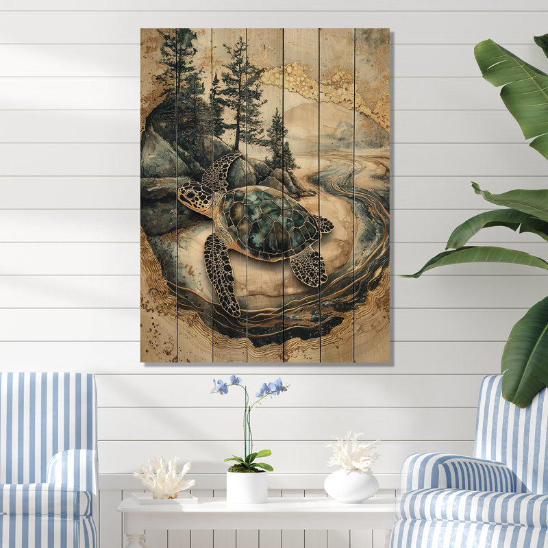 Tortue sur un paysage de forêt, collage, art animalier sur bois en bois de pin naturel, H 44 po x l 34 po x P 0,78 po