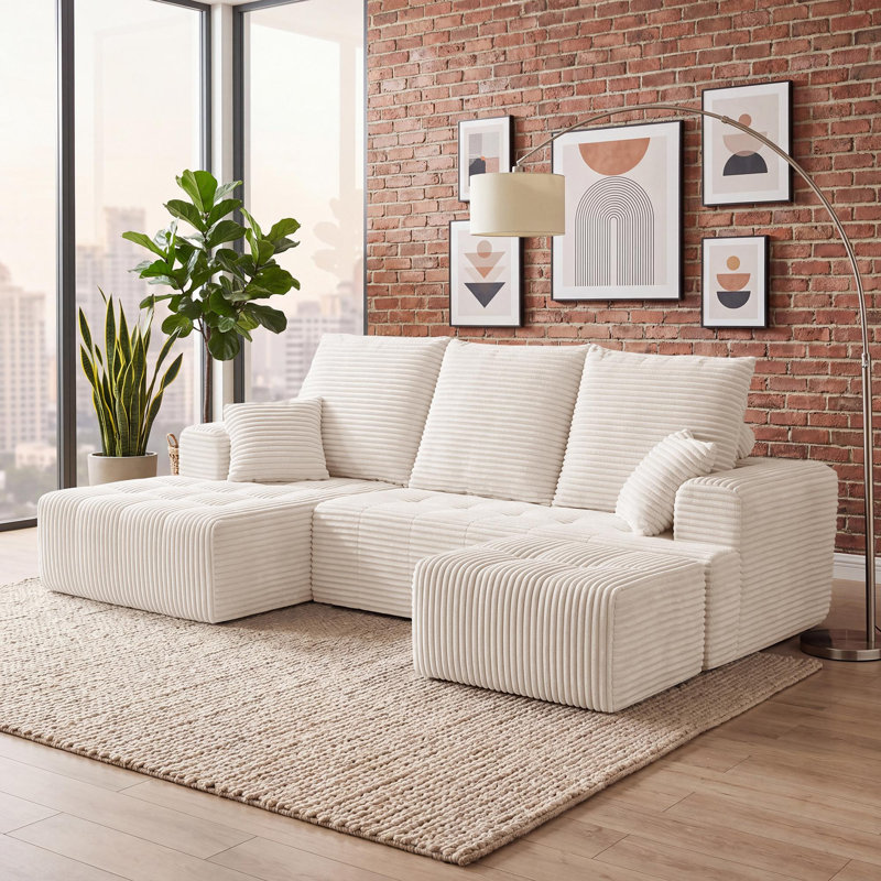 Canapé d'angle modulaire compressé en forme de U de 277 cm de large avec méridienne et pouf, 3 pièces, revêtement en velours côtelé, assise profonde, ressorts ensachés et 5 coussins pour salon, aucun assemblage requis, beige