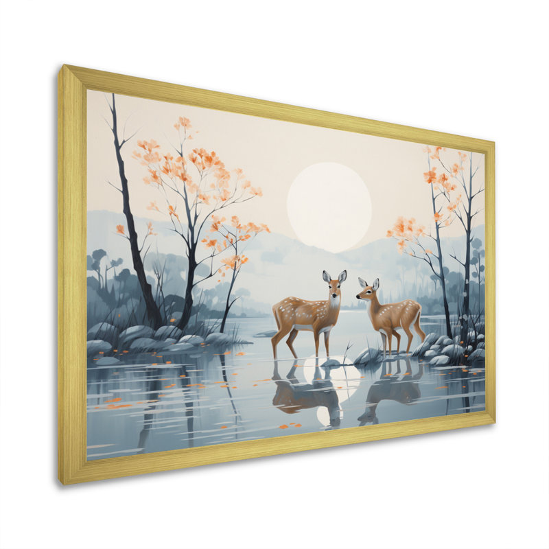 Animal cerf flottant en hiver - impression, Encadrement doré, H 30 po x l 40 po x P 1,5 po