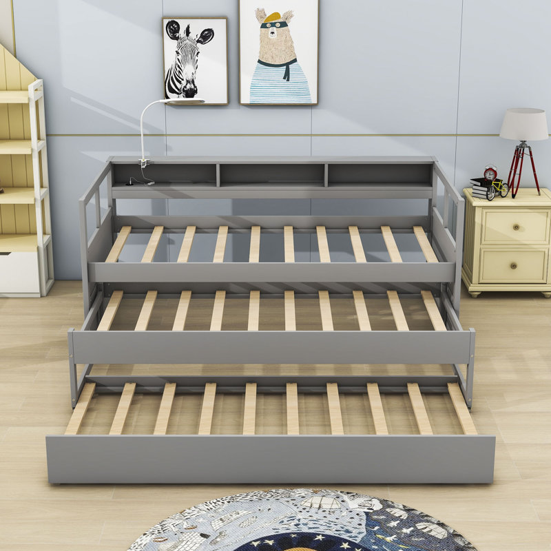 Ajara Twin XL Wooden Daybed with Two Twin Size Trundles and Three Shelves, Gray