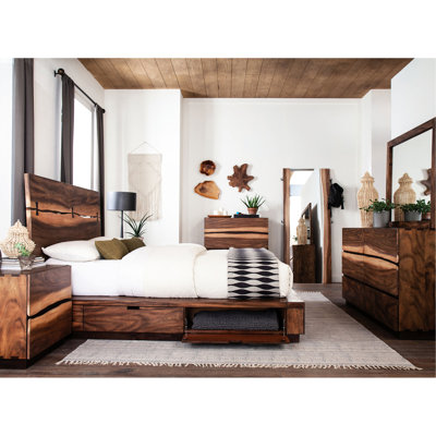 King Size 4 Bedroom Furniture Arrangement, Wood Structure, Walnut Appearance Attribute, Storage Bed With Floating Base Nightstand, Dresser And Mirror Arrangement Furnishing , Build, Look, Base,