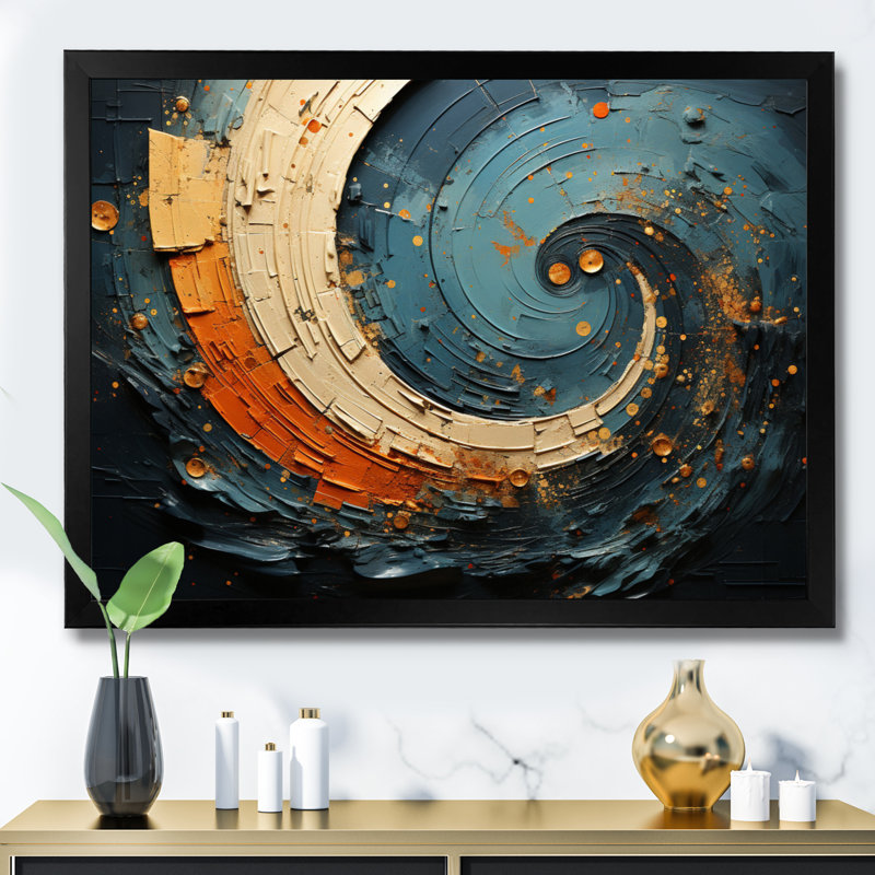 Orange bleu sarcelle abstrait, spirales II, Cadre simple noir, H 34 po x l 44 po x P 1,5 po