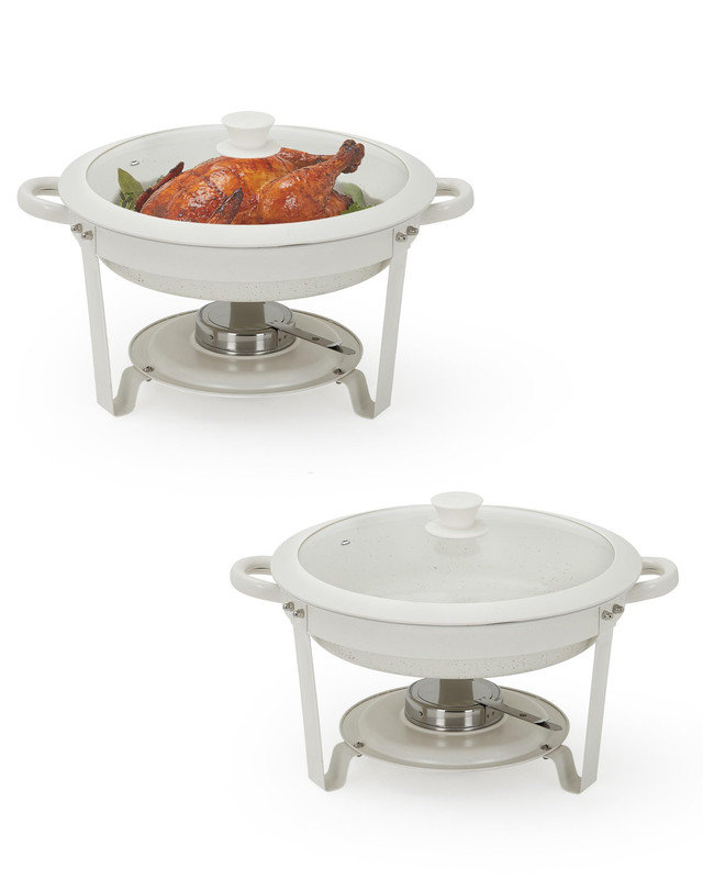 Ensemble de 2 chauffe-plats ronds 5 pte - Couvercles transparents, cadre en acier inoxydable, revêtement blanc pour les fêtes, les mariages et la restauration