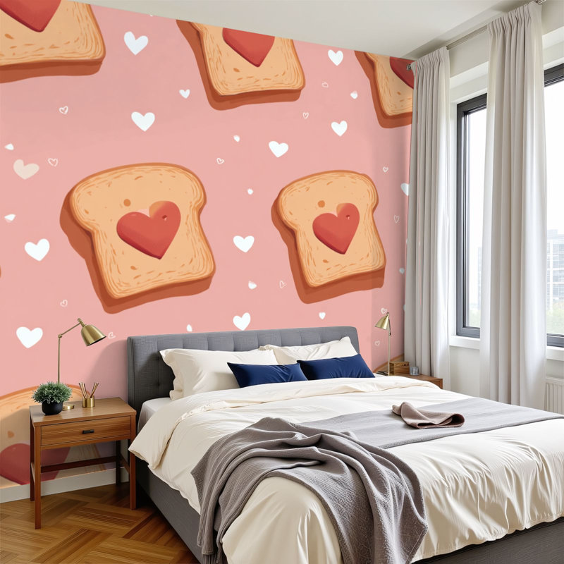 Papier peint adhésif pelez et collez, mignon, pain grillé, cœur, dessin plat, personnage kawaii, art mural auto-adhésif et amovible