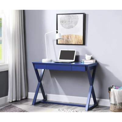 Spacious Blue Desk With Stylish X-shaped Wooden Base And Top Modern Twilight Ample Space Construction