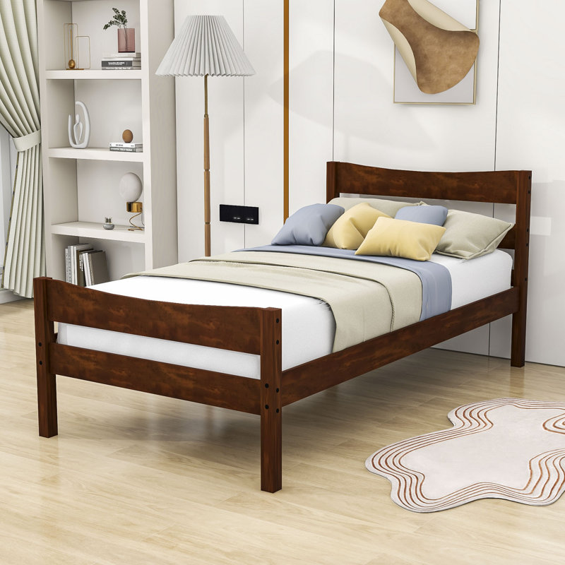 Berriman Twin Size Wood Platform Bed with Headboard, Walnut