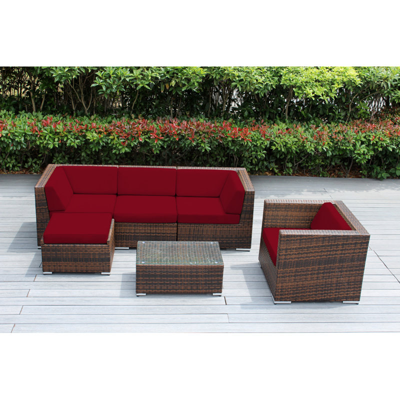 Ensemble de conversation en osier pour 5 personnes avec coussins Lumini, Supercrylic rouge, Toile toile Sunbrella® charbon